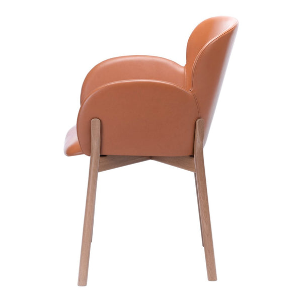 Side view of a modern chair in warm tan leather with smooth curves and light wooden legs.