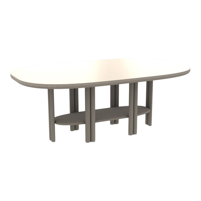 White oval tabletop with gray legs and shelf, featuring a minimalist design and smooth finish. Perfect for modern interiors.
