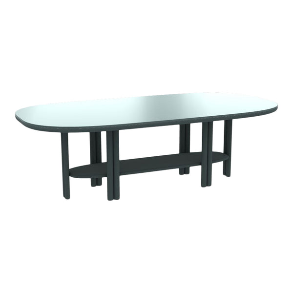 Elegant oval glass table with a sleek dark gray base and minimalist design, perfect for modern decor.