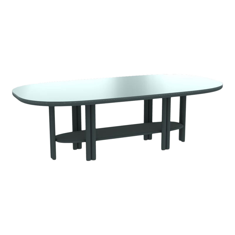 Elegant oval glass table with a sleek dark gray base and minimalist design, perfect for modern decor.
