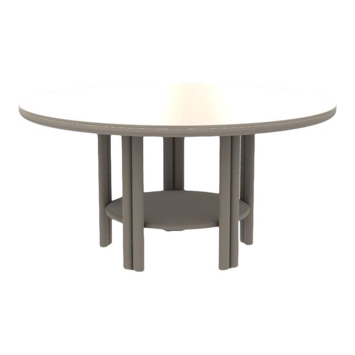 Round coffee table with a sleek white top and elegant grey legs featuring a minimalist design. Perfect for modern decor.