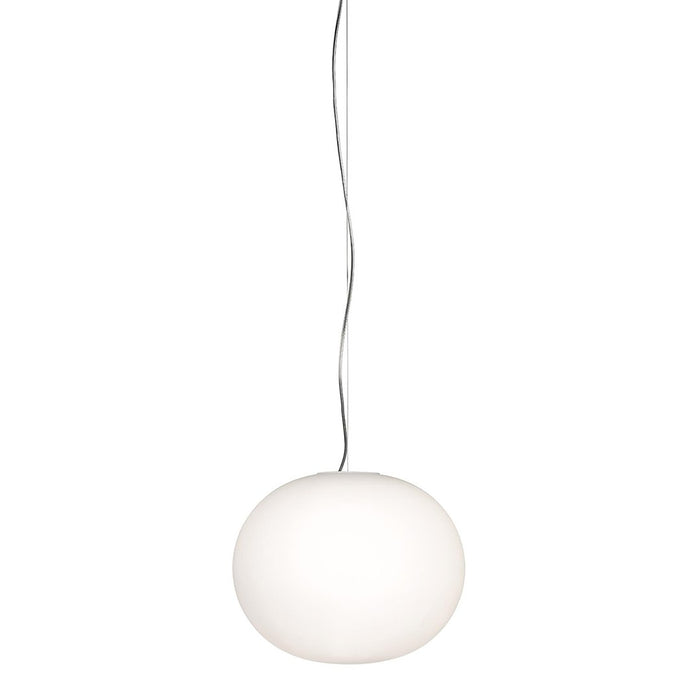 White round pendant lamp with a sleek, minimalist design and a smooth finish, hanging from a thin wire.