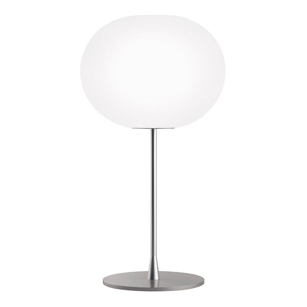 Modern table lamp with a smooth white globe and sleek silver base, perfect for minimalistic decor.