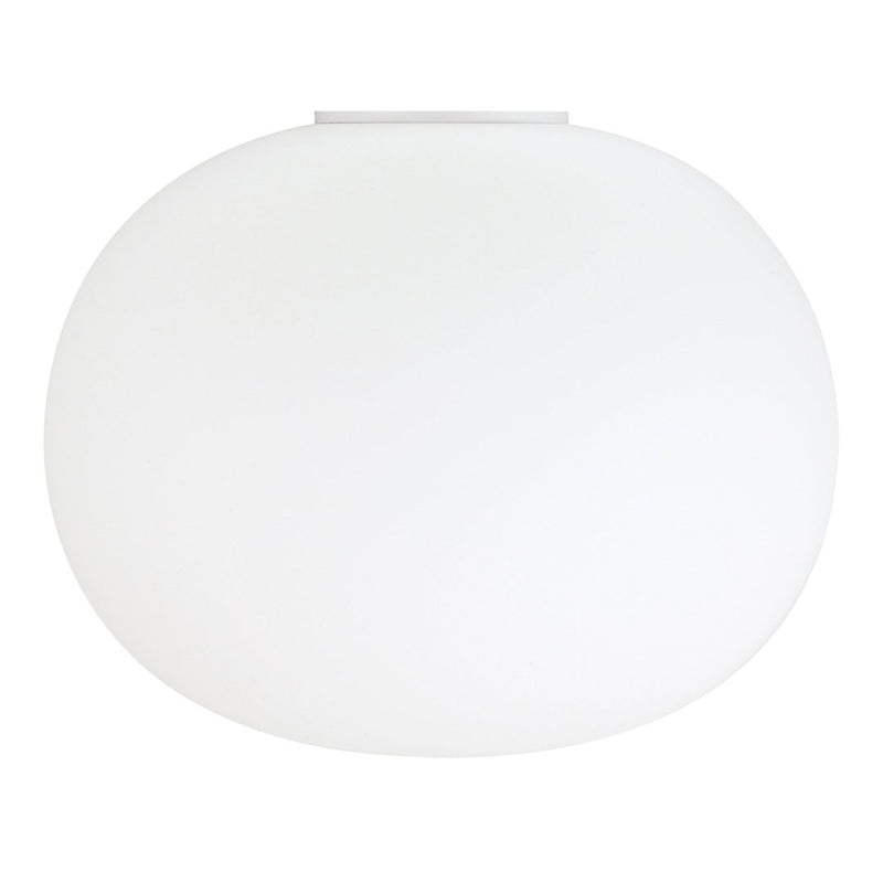 Round white glass light fixture with a smooth, minimalist design for modern home decor.