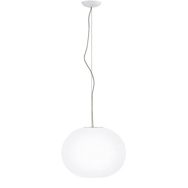 Glossy white pendant lamp with a smooth round shape and sleek silver cable. Modern minimalist design.