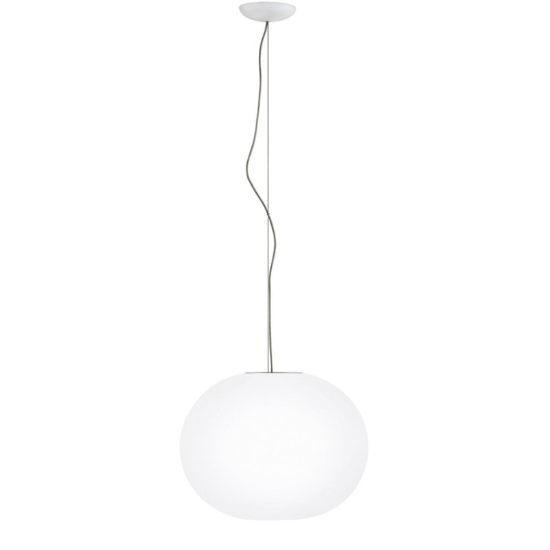 Glossy white pendant lamp with a smooth round shape and sleek silver cable. Modern minimalist design.