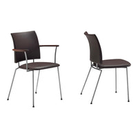 Brown upholstered chair with sleek chrome legs and wooden armrests, showcasing a modern, minimalist design.