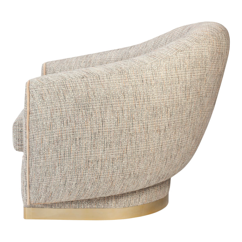 Textured beige fabric armchair with subtle flecks of gray and a sleek golden base trim.