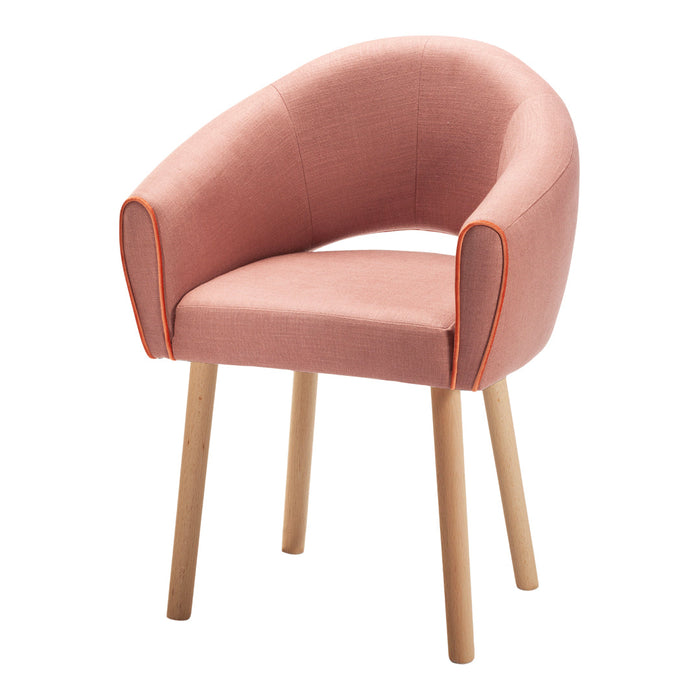 Soft pink chair with orange piping and light wooden legs, featuring a curved design and cozy fabric texture.