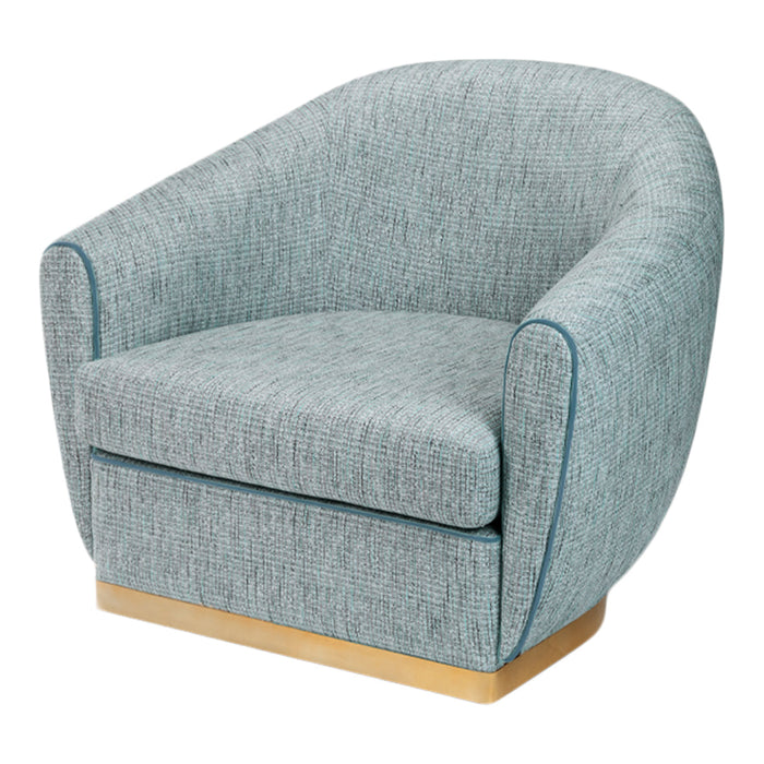 Turquoise textured fabric armchair with subtle gray flecks and contrasting teal piping detail. Stylish and modern design.