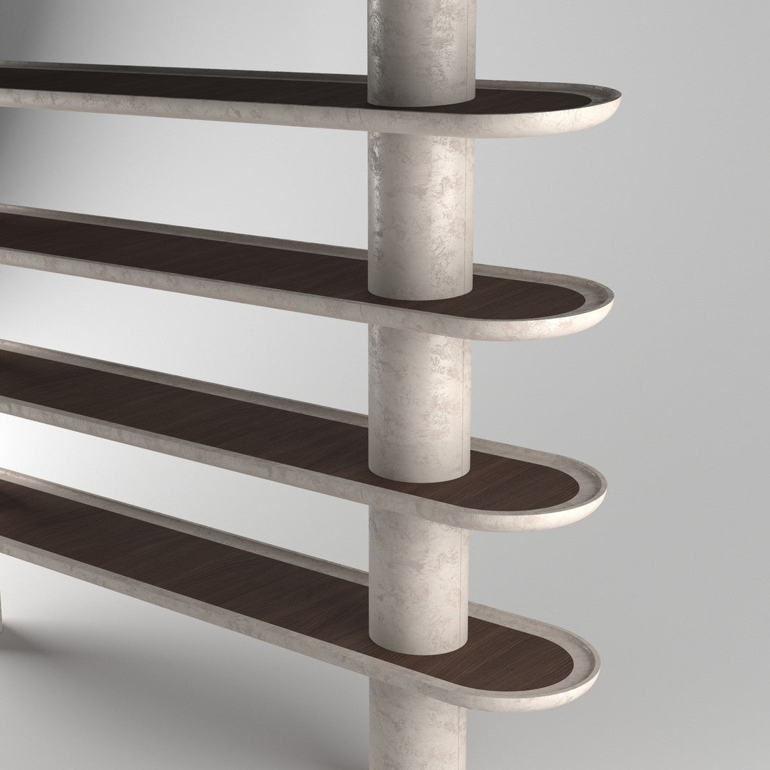 Modern shelving unit with smooth white columns and dark wood shelves, featuring a minimalist aesthetic and clean lines.