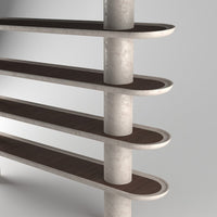 Modern shelving unit with smooth white columns and dark wood shelves, featuring a minimalist aesthetic and clean lines.