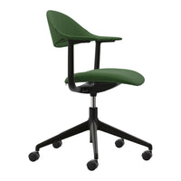 Green fabric office chair with black ergonomic base and wheels, featuring a sleek, modern design.