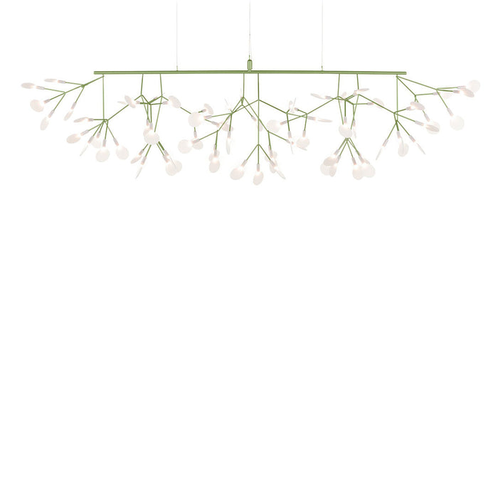 Green branch chandelier with white bulb clusters, featuring an organic, floral-inspired design pattern.