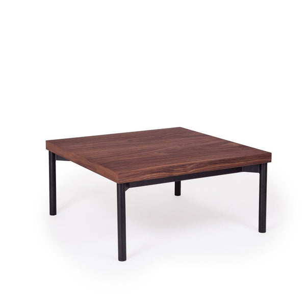 Brown wooden square coffee table with a smooth surface and black metal legs on a white background.