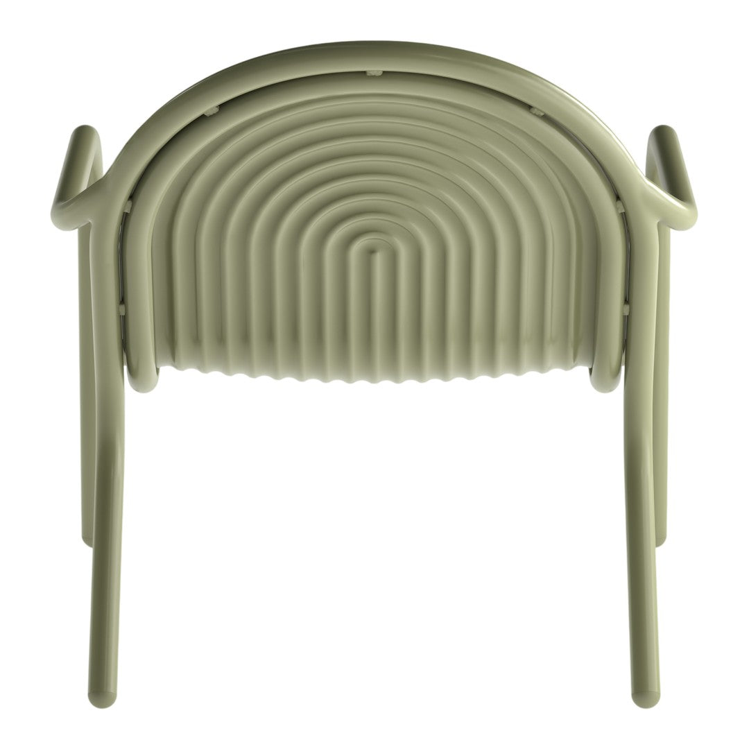 Green chair with a curved, ribbed design and smooth, rounded edges for a modern aesthetic.