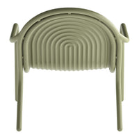 Green chair with a curved, ribbed design and smooth, rounded edges for a modern aesthetic.