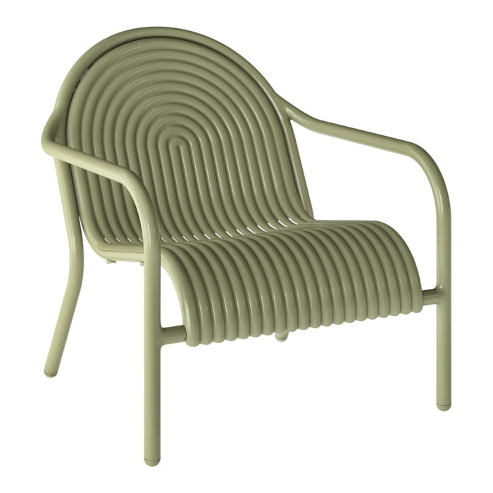 Olive green chair with a bold, curved striped pattern and sleek, modern design. Perfect for outdoor or indoor spaces.