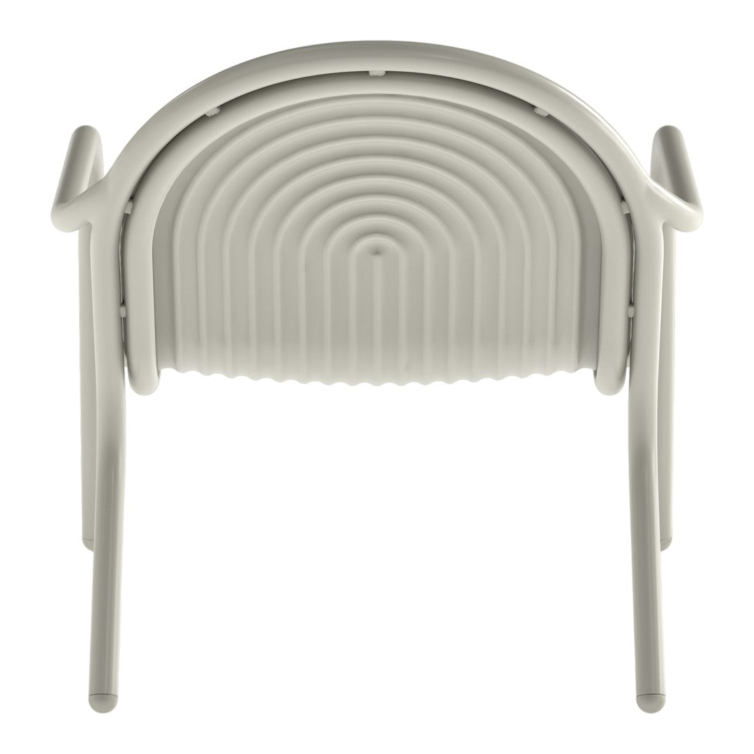 White folding chair with a sleek, ribbed pattern and smooth curved backrest, ideal for modern spaces.