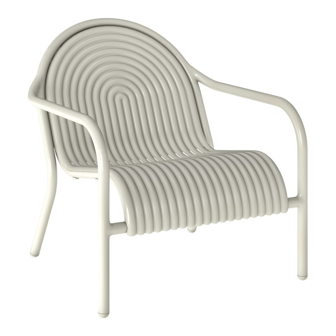 White lounge chair with a stylish, curved stripe pattern, featuring a modern and minimalistic design.