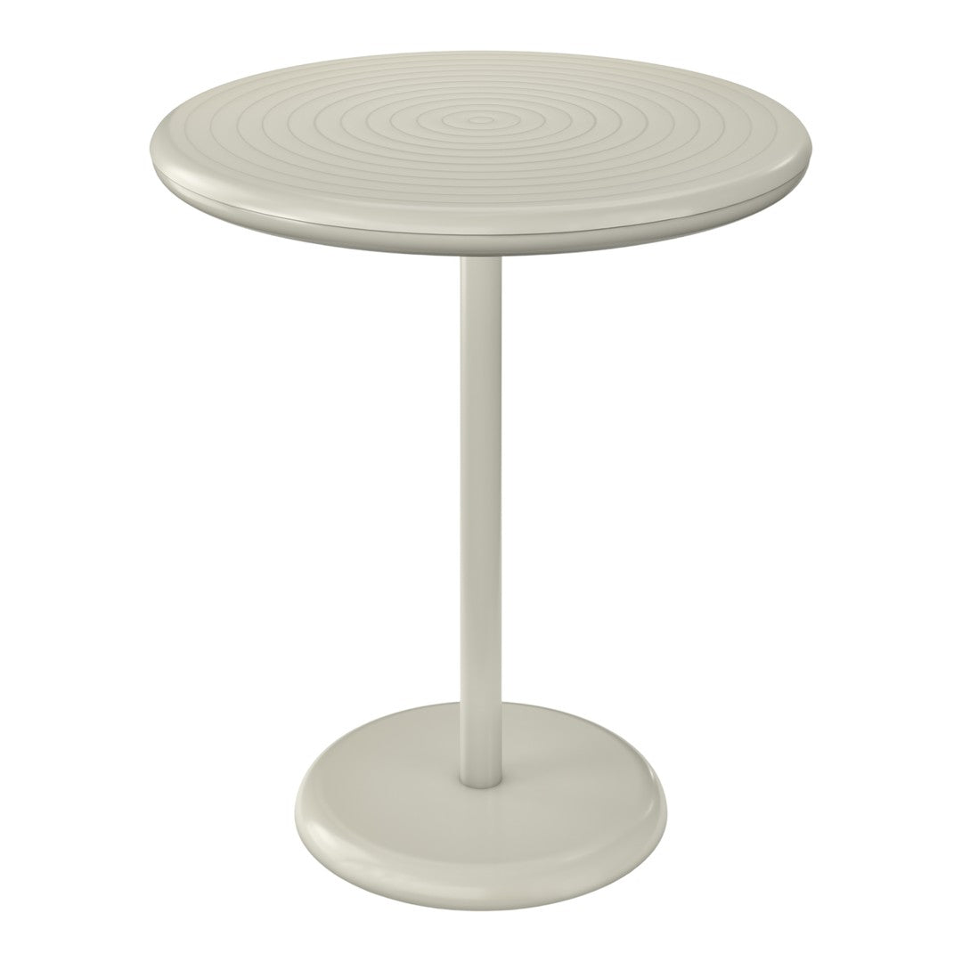 Round light beige table with a textured circular pattern, featuring a sleek pedestal base for modern decor.