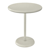 Round light beige table with a textured circular pattern, featuring a sleek pedestal base for modern decor.