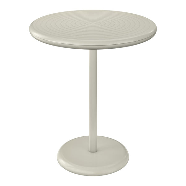 Round light beige table with a textured circular pattern, featuring a sleek pedestal base for modern decor.