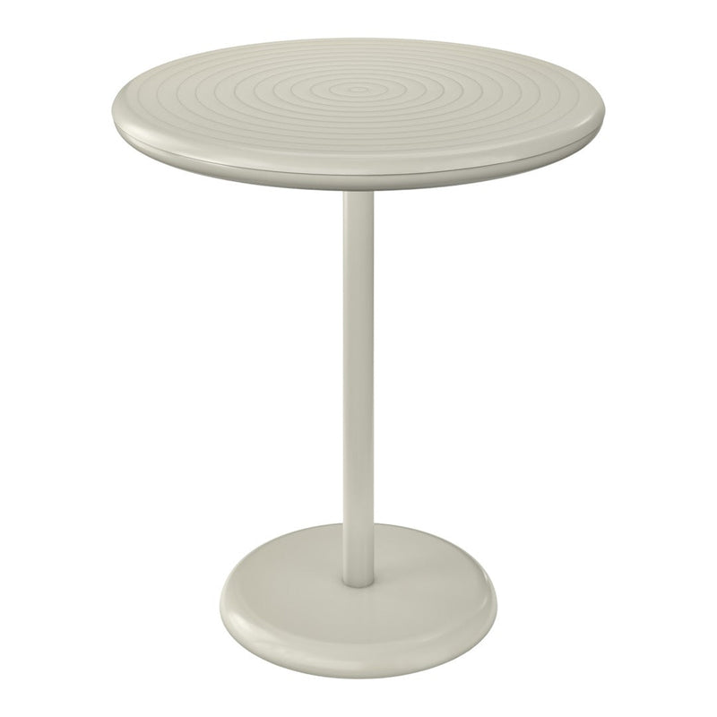 Round light beige table with a textured circular pattern, featuring a sleek pedestal base for modern decor.