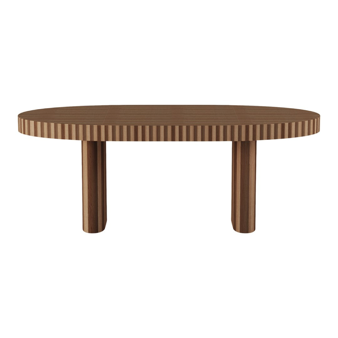 Brown oval table with ribbed edges and solid cylindrical legs, featuring a sleek, modern design.