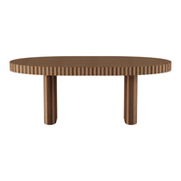 Brown oval table with ribbed edges and solid cylindrical legs, featuring a sleek, modern design.