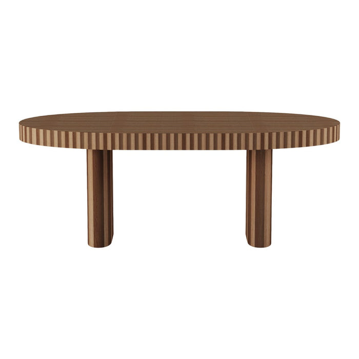 Brown oval table with ribbed edges and solid cylindrical legs, featuring a sleek, modern design.
