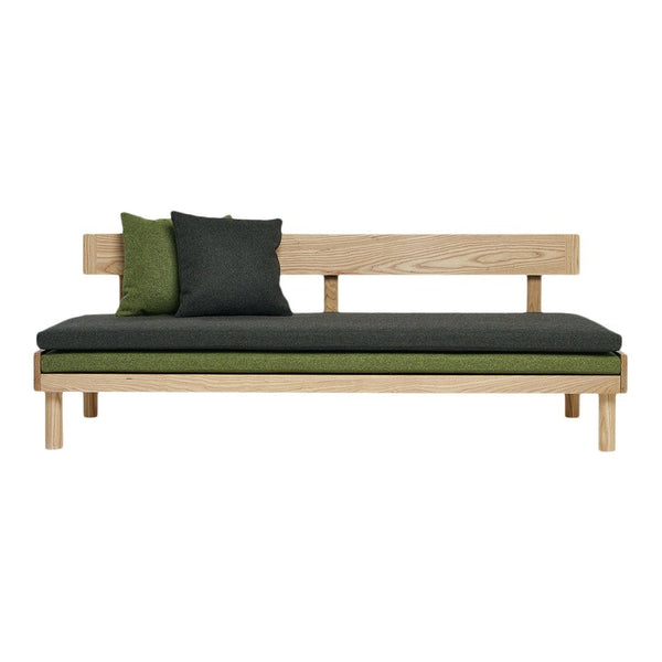 Modern wooden sofa with dark gray cushions and green accents, featuring a sleek, minimalist design.