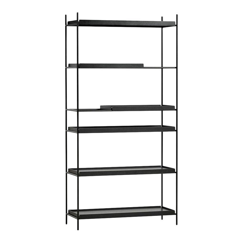 Black metal shelving unit with sleek, minimalist design and five horizontal shelves. Modern industrial style.