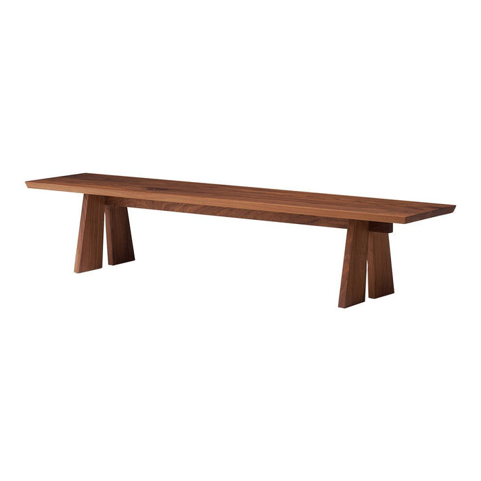 Wooden bench with a rich brown finish and a sleek, minimalist design, featuring smooth surfaces and tapered legs.