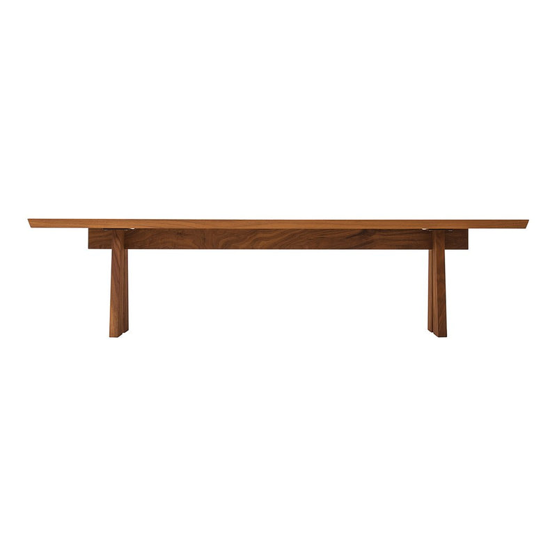 Solid wood bench in rich brown with a smooth finish and minimalist design, showcasing natural grain patterns.