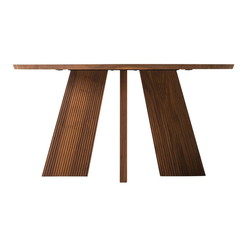 Brown wooden console table featuring vertical ribbed patterns and a minimalist design. Ideal for modern interiors.