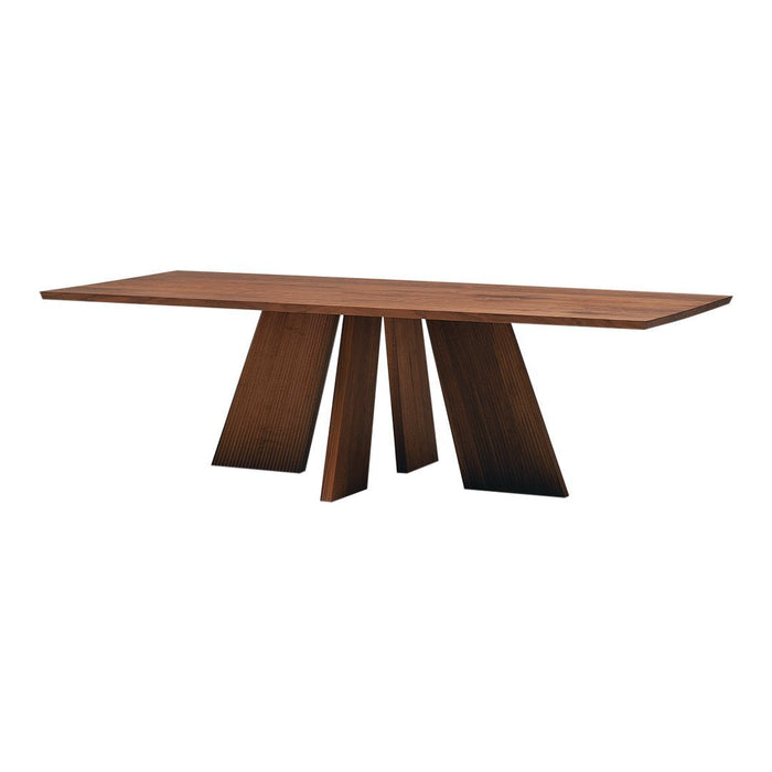 Stylish wooden dining table with a rich walnut finish and unique geometric leg design. Perfect for modern interiors.