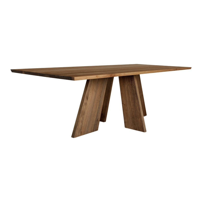 "Stylish wooden table with a rich brown finish and modern geometric pattern."