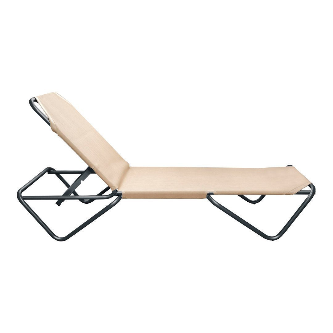 Beige adjustable lounge chair with a sleek black metal frame, perfect for modern outdoor decor.
