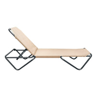 Beige adjustable lounge chair with a sleek black metal frame, perfect for modern outdoor decor.