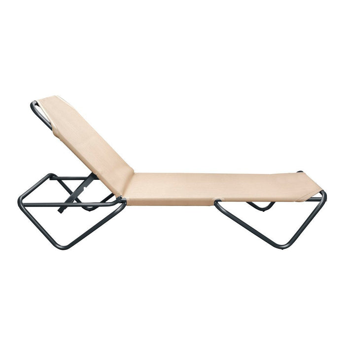 Beige adjustable lounge chair with a sleek black metal frame, perfect for modern outdoor decor.