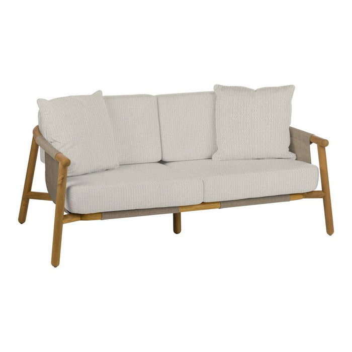 Light beige cushions with a textured pattern on a natural wood frame sofa, perfect for modern living spaces.