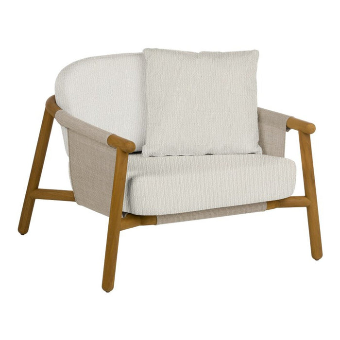 Cream and beige striped upholstery with a light wood frame and plush white cushion. Modern, minimalist design.