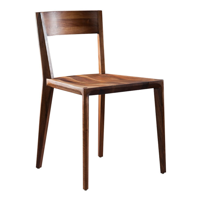 Wooden dining chair in rich brown tones with a smooth, natural finish and sleek, contemporary design.