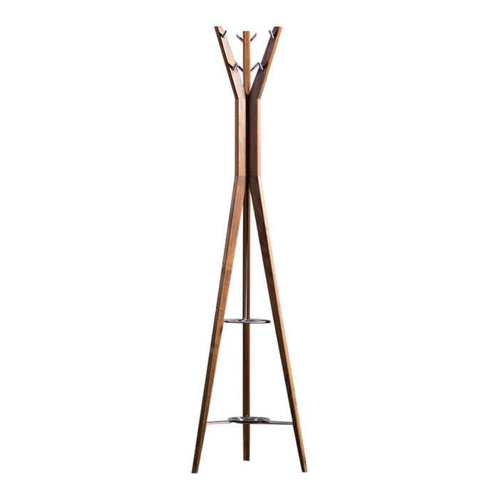 "Natural wood coat rack with a modern design, featuring a warm brown finish and sleek, minimalist lines."