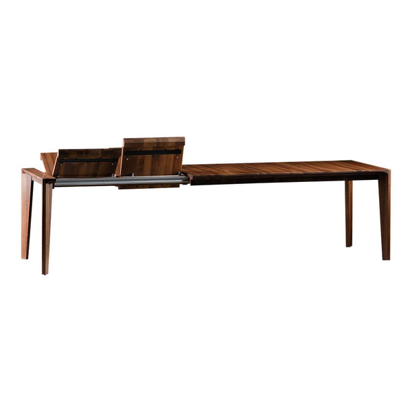 "Modern wooden dining table in rich brown tones with a sleek finish and subtle grain patterns, featuring pull-out extensions."