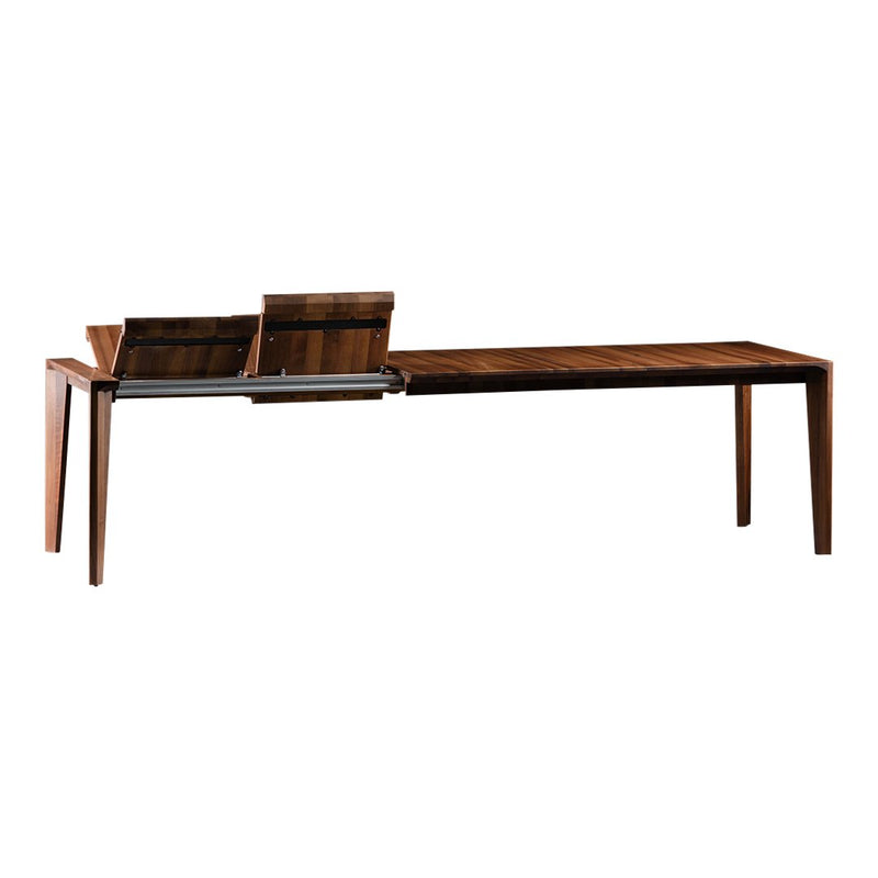 "Modern wooden dining table in rich brown tones with a sleek finish and subtle grain patterns, featuring pull-out extensions."