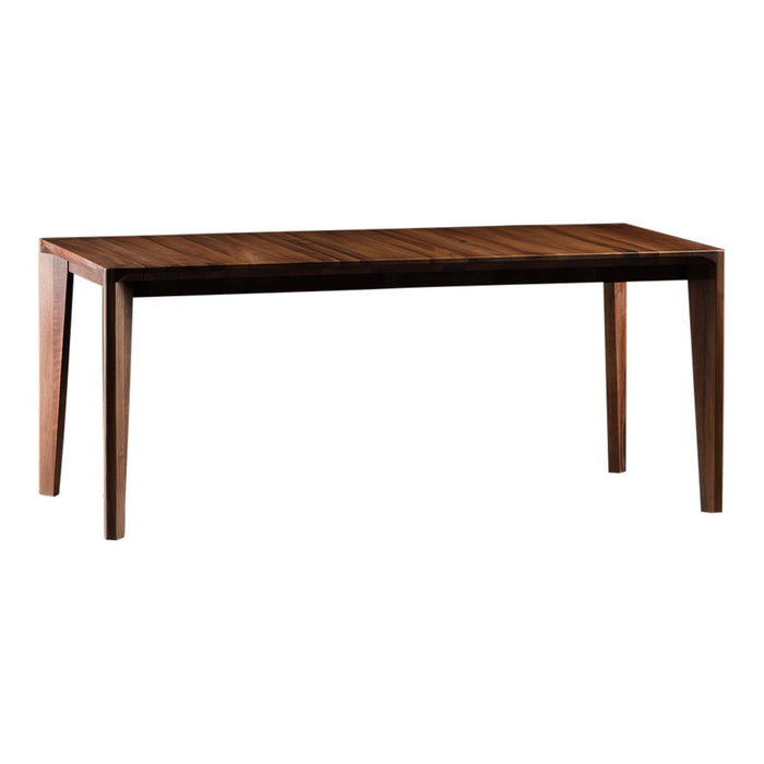 Elegant brown wooden dining table with a smooth surface and simple linear pattern, featuring tapered legs.