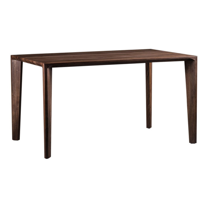 Dark walnut dining table with a smooth, minimalist design, showcasing natural wood grain patterns. Perfect for contemporary decor.