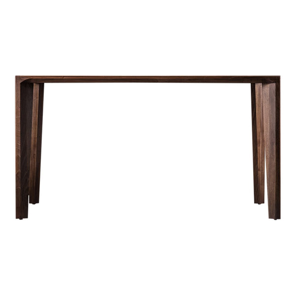 Dark brown wooden table with a sleek, minimalist design and smooth finish. Perfect for modern spaces.